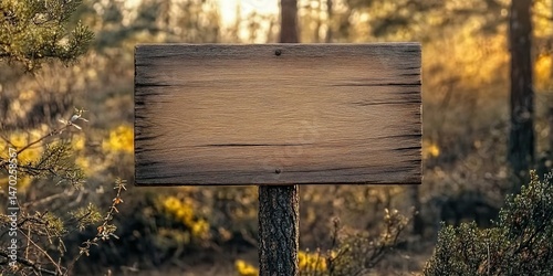 Blank wooden signboard on tree trunk in sunlit forest.