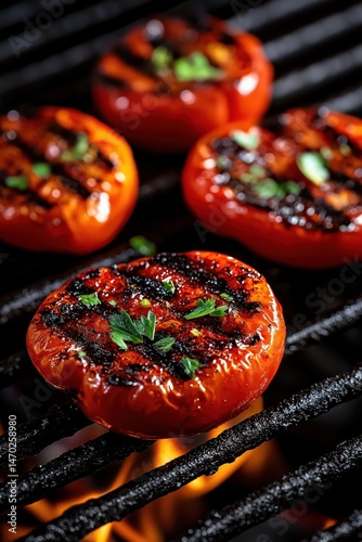 Obraz na płótnie Deliciously charred red peppers grilling over an open flame on a hot barbecue grill at a summer cookout w salonie