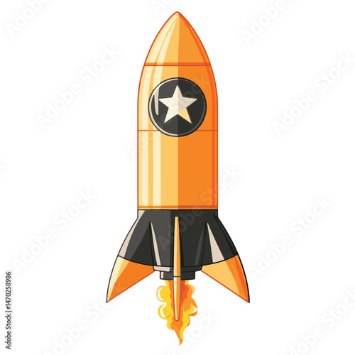 Cartoon Style Orange Rocket Ship Launching Into Space With Star Emblem