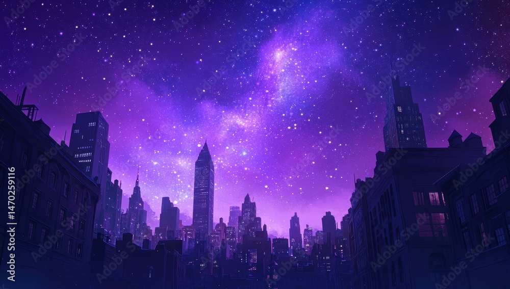 Fototapeta premium Night city skyline under a vibrant purple galaxy
