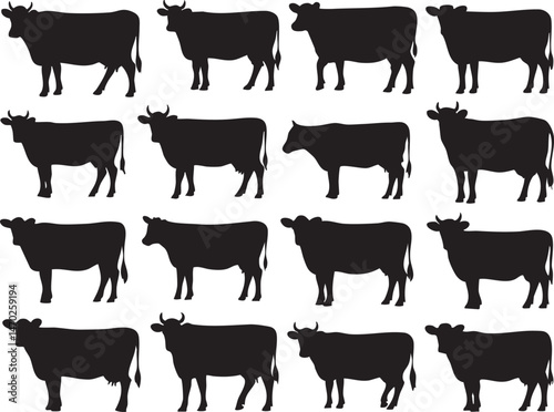Cow Silhouettes Farm Animals Pattern Silhouette, Livestock Icons for Agricultural Design, Farm Branding, Textile Prints, Packaging, Educational Materials, and Rural-Themed Projects