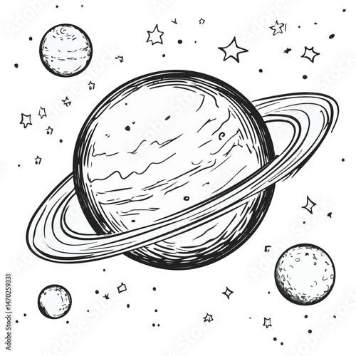 Hand Drawn Saturn Planet With Rings Moons And Stars In Space Illustration