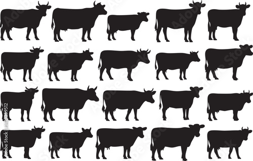 Cow Silhouettes Farm Animals Pattern Silhouette, Livestock Icons for Agricultural Design, Farm Branding, Textile Prints, Packaging, Educational Materials, and Rural-Themed Projects