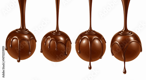 Four spherical chocolate bars suspended in the air, each with chocolate poured over it on a transparent vector background