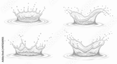 Four separate spots of opaque milk liquid captured in high resolution close-up on a transparent white background, suitable for vector illustration.