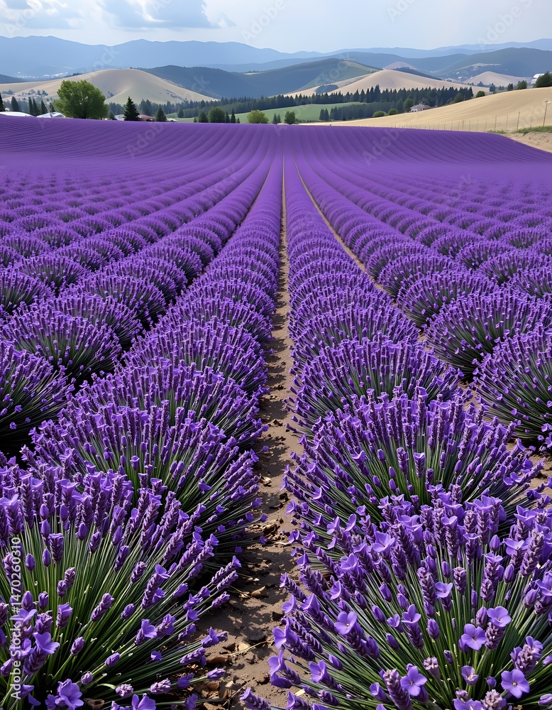 Obraz premium aerial drone view of a sprawling lavender field, purple blooms, rolling hills, photorealistic, 8k resolution