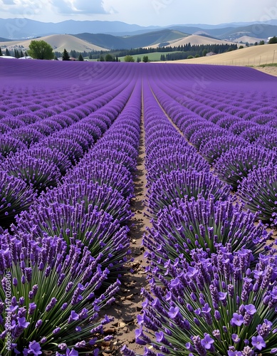 aerial drone view of a sprawling lavender field, purple blooms, rolling hills, photorealistic, 8k resolution photo