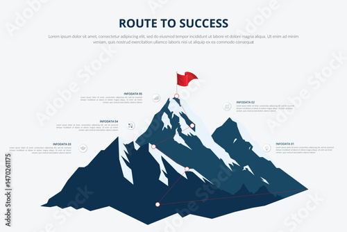 Mountain progression path. Climbing progress route, mountain peak overcoming, mountain climbing path with red flag on top  illustration. Way path infographic, progress way to peak