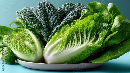 Fresh green kale and romaine leaves on a plate with a light blue background in a vibrant kitchen setting