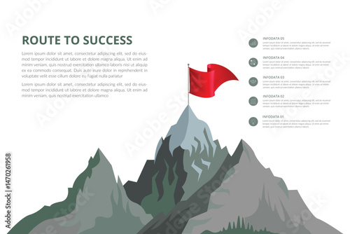 Mountain climbing route to peak. Hiking trip to the top of the mountain journey path. Route challenge infographic career top goal growth plan journey to success. Business climbing vector concept