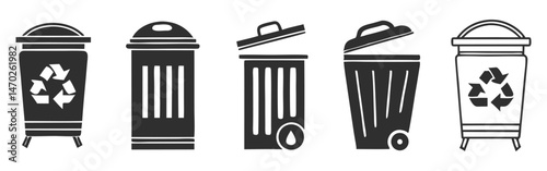 Monochrome Trash Can Icon, Simple Waste Bin Vector Graphic, On White Background
