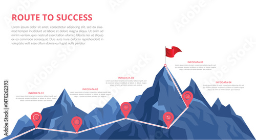 Route to the red flag on the top of mountain. Mountain peak overcoming. Goal achievement and Business success concept.