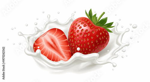 Two strawberries inside a splash of milk on a transparent white background suitable for vectors