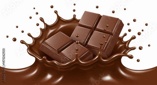Two rectangular pieces of chocolate suspended in a dynamic splash of liquid chocolate on a transparent white background. For vector use.