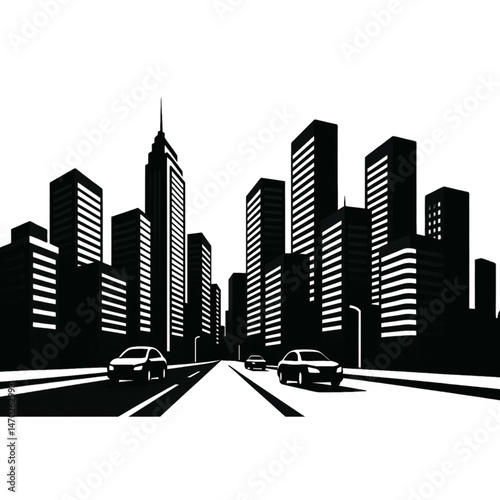 Cityscape silhouette with cars on the road and skyscrapers in black