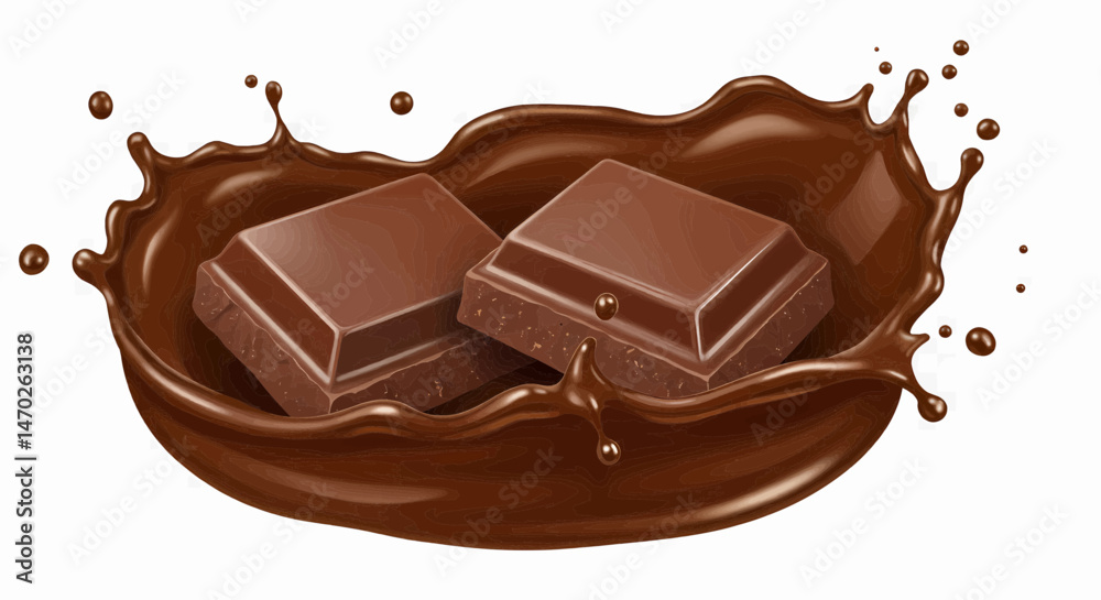 Two rectangular pieces of brown chocolate partially submerged in a drizzle of melted brown chocolate on a transparent background vector