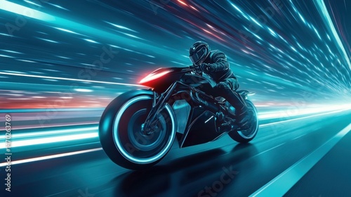 Futuristic motorcycle racer in a vibrant neon tunnel.  Dynamic motion blur highlights speed and technology