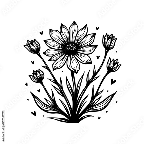 Floral vignette in linear graphic rendering with hearts and botanical details