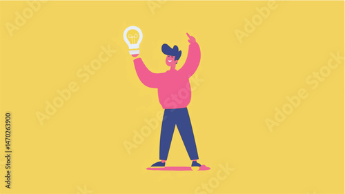 Cartoon Character With Light Bulb Idea On A Yellow Background Vector Illustration