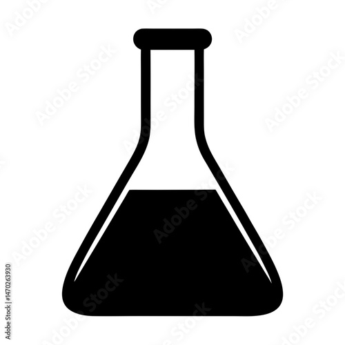 Black and white image of a science flask filled with dark liquid