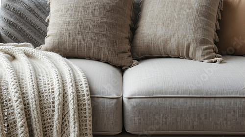 Close up of a fabric sofa with styled cushions and throw