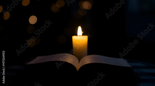 Wallpaper Mural Candle and book glowing in dark ambiance with bokeh lights, creating a serene atmosphere. Torontodigital.ca