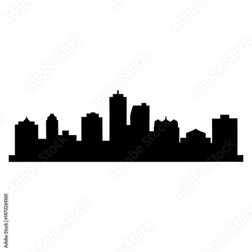 Black silhouette of an urban skyline with many different buildings