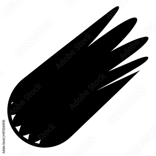Stylized black and white image of a dark celestial object, possibly a comet