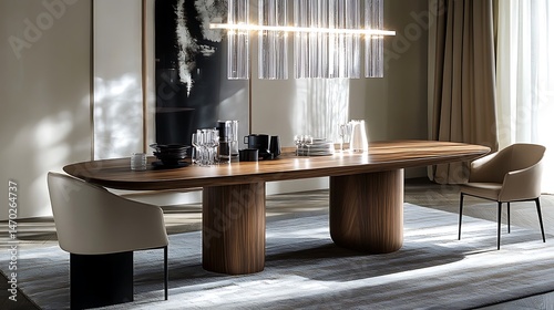 Modern walnut dining table interior.