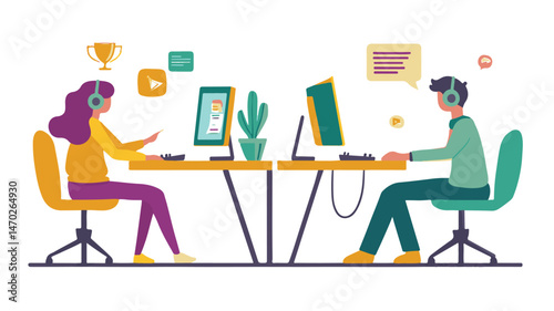 Two People Working Together On Computers In Colorful And Modern Office Space