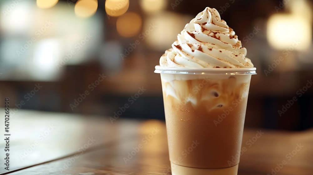A cold iced coffee with whipped cream in a to-go cup A cold iced coffee with whipped cream in a to-go cup