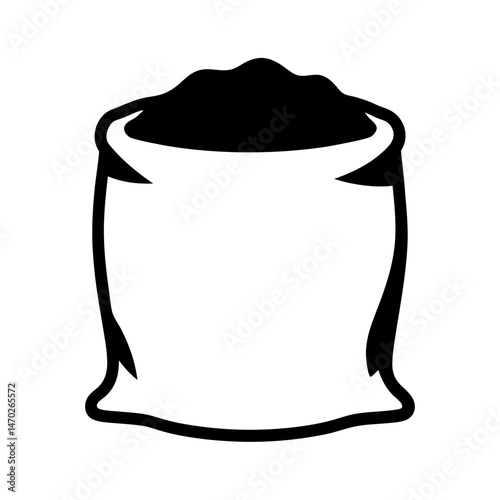 Simple black and white image of a burlap sack overflowing with grain