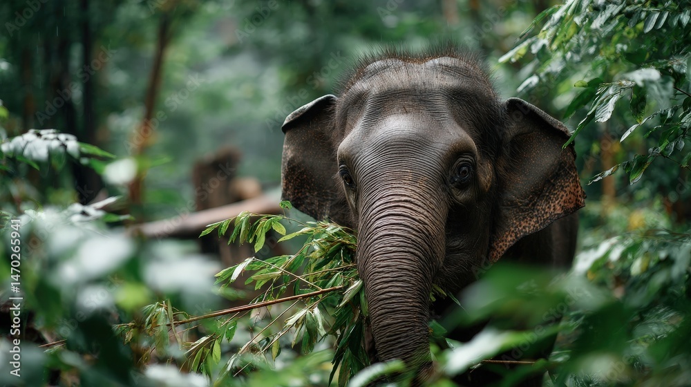 Fototapeta premium Elephant chewing branches jungle habitat wildlife photography lush environment close-up viewpoint nature's majesty