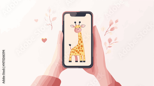 Hands Holding Smartphone With Giraffe Cute Animal Illustration On The Screen