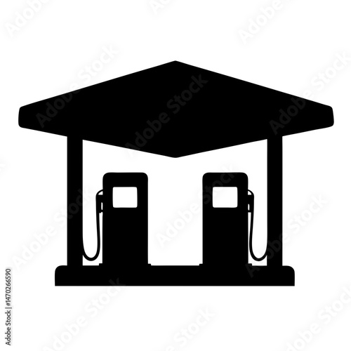 Black and White Gas Station Icon with Dual Pumps and Overhead Canopy