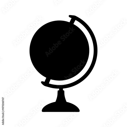 A simple black and white icon illustration of a globe on a stand