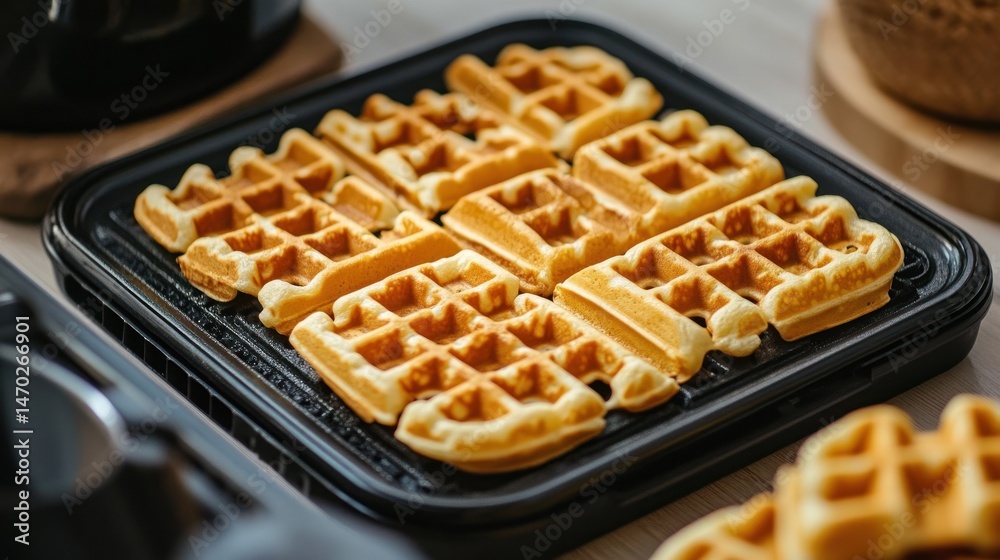 Golden waffles on a waffle iron Golden waffles on a waffle iron