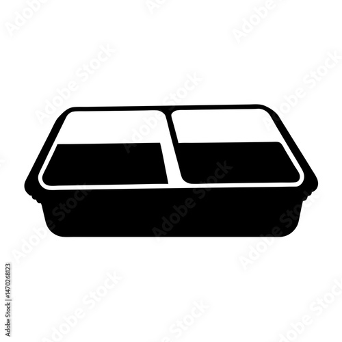Black and white illustration of a two compartment food container takeout style