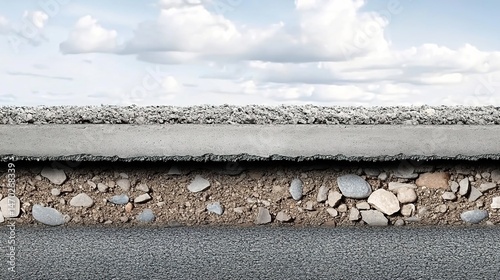  Cross-section of road layers: concrete, stones, soil, asphalt with cloudy sky.