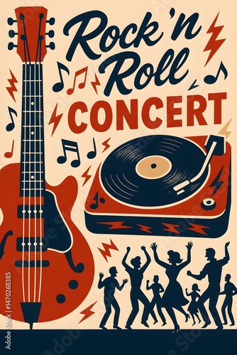 Vintage 1950s Rock 'n' Roll Concert Poster with Guitar, Record Player, and Dancing Crowd - Retro Music Festival Art