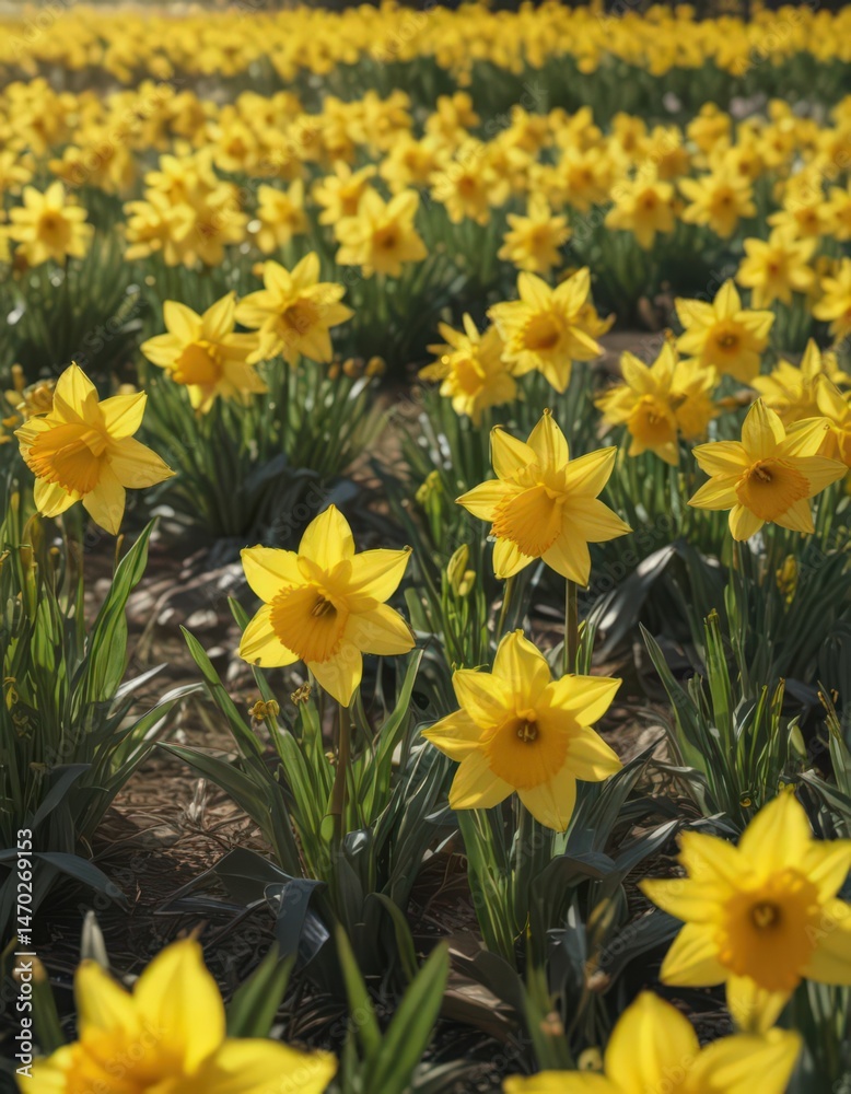 Sunlit field of vibrant yellow daffodils in full bloom, petals glistening , macro, yellow flowers Sunlit field of vibrant yellow daffodils in full bloom, petals glistening , macro, yellow flowers