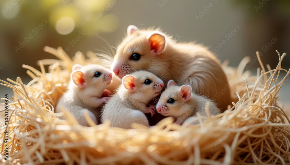 Mother hamster with three babies cuddled in a soft nest. Warmth, care, and family bonding in nature. Mother hamster with three babies cuddled in a soft nest. Warmth, care, and family bonding in nature.