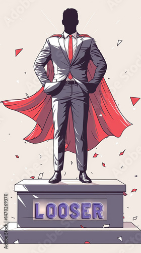 Confident superhero leader in suit standing atop a pedestal