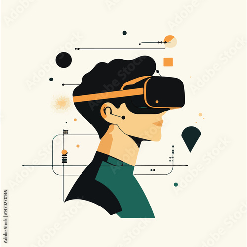 Minimalist Man Wearing Vr Headset With Abstract Geometric Shapes And Retro Style