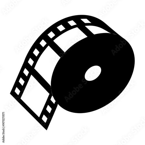 A black and white icon depicting a classic film reel unspooling slightly