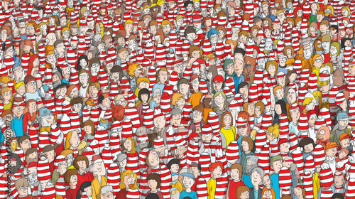 A playful and densely packed visual puzzle capturing the iconic search for Waldo among a sea of colorful, bustling characters. Generative AI photo
