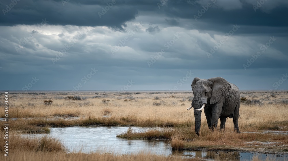 Fototapeta premium Khris elephant at watering hole african savanna wildlife photography natural habitat side view tranquil moment
