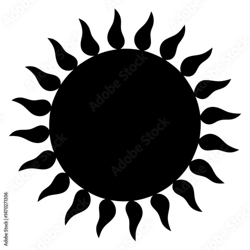 Monochrome sun with flame like rays emanating from a central circle