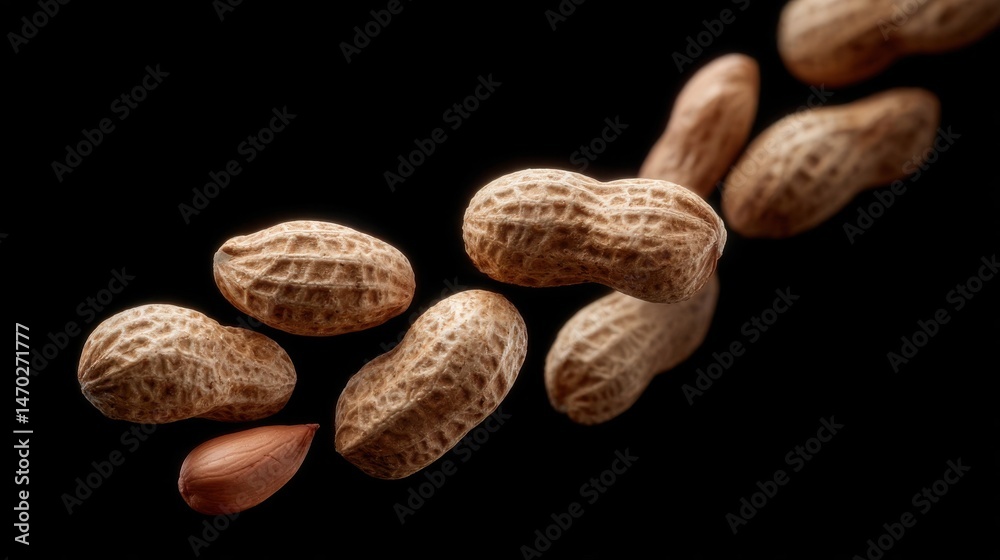Obraz premium Floating Peanuts in Shell on Black Background
