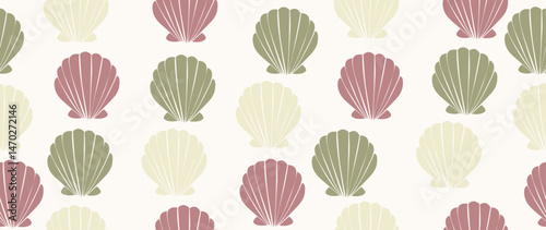Vector flat illustration. Seamless sea shells pattern. In cartoon style. Cute print with small circles. Perfect for gift wrapping, posters, covers, screensavers, textile decor, etc.
